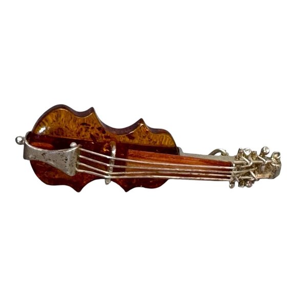 Vintage Honey Amber Sterling 925 Silver Violin Viola Cello Figural Pin Brooch - Picture 1 of 4